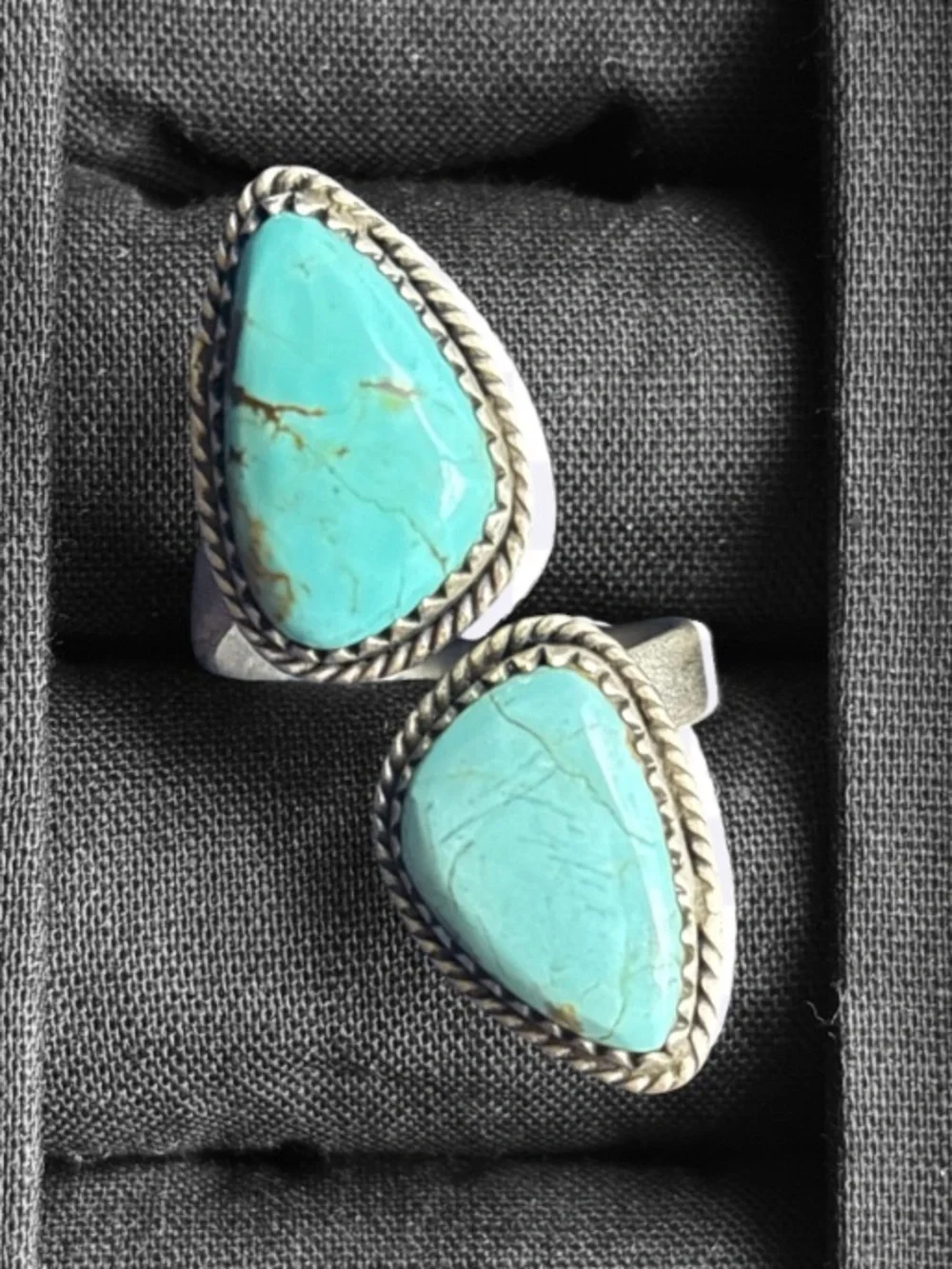 Sterling Silver And No. 8 Turquoise Double Teardrop Bypass Ring